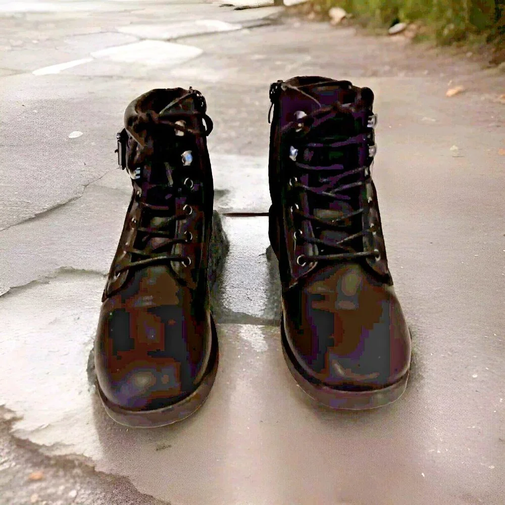 Mudd Youth Size 2 Black Combat Style Boots‎ with Tie & Zip Up w Zippers & Buckle